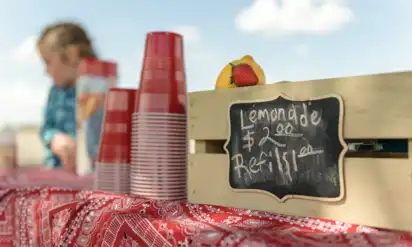 A closeup shot of a lemonade sign and cups at a lemonade stand fundraiser