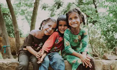 Three children sit on a tree and smile at the camera. They are hugging and holding hands, and a lush green forest can be seen in the background.