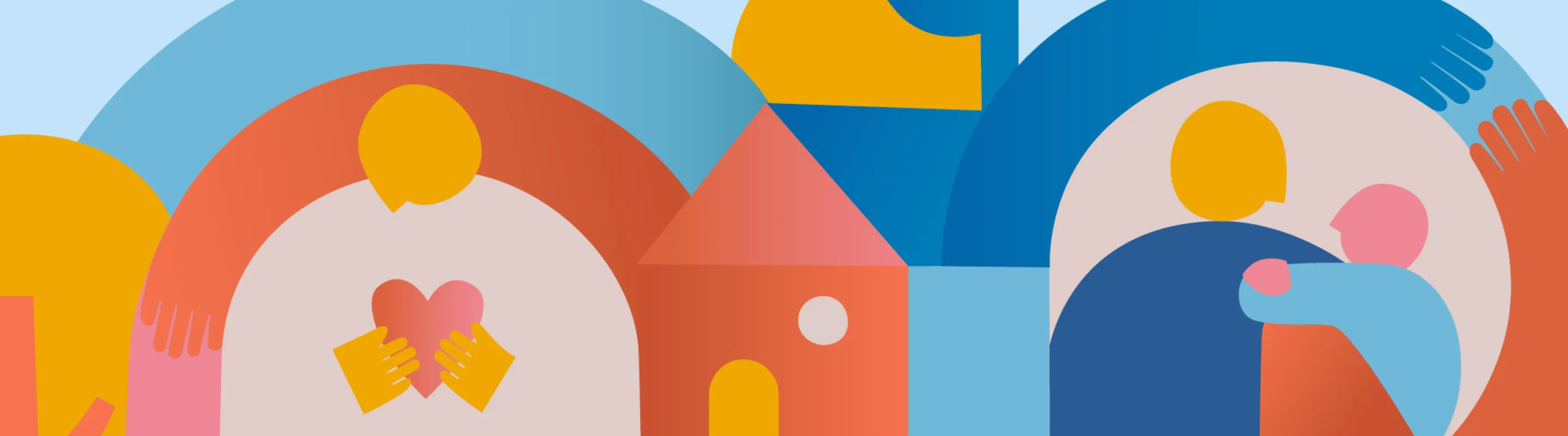 A color-blocked illustration of families holding hands, hugging, and otherwise caring for each other