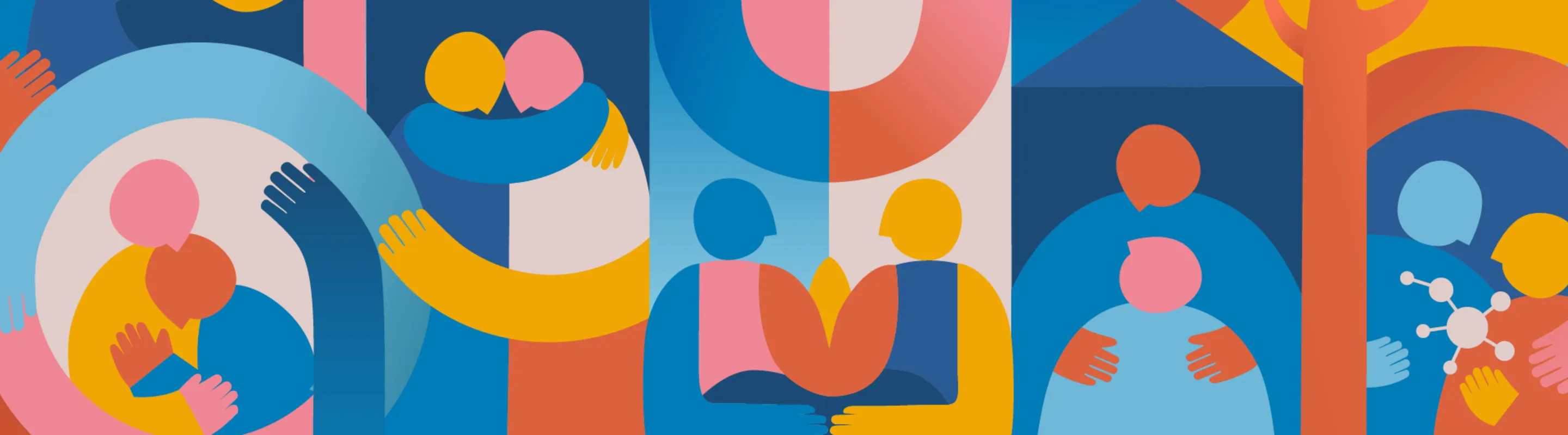 A color-block illustration of different families holding hands, hugging, and otherwise caring for each other