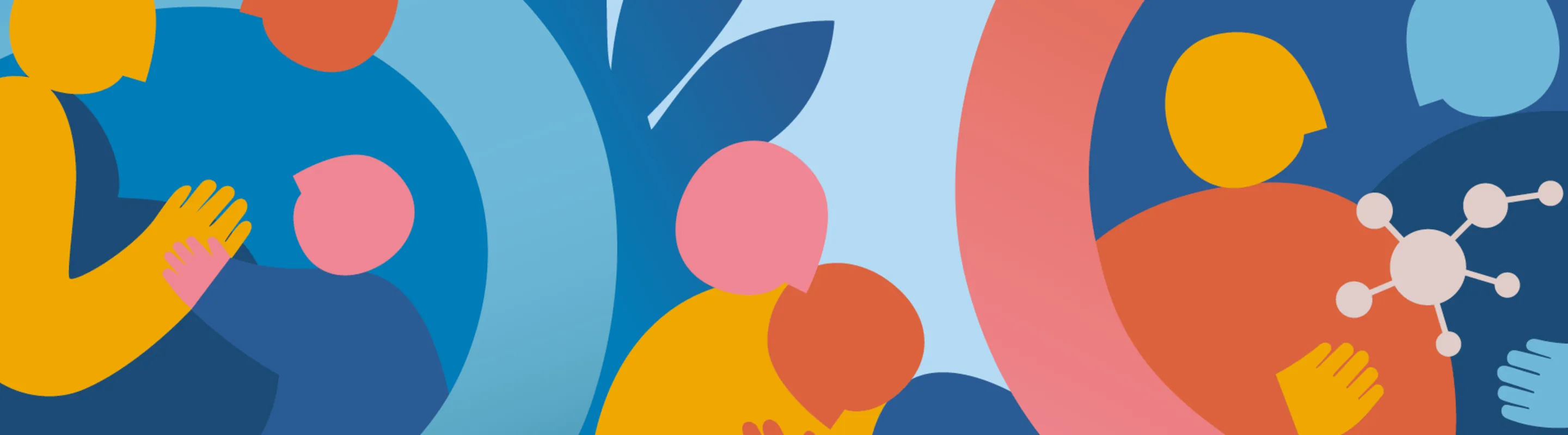 A color-blocked illustration of families holding hands, hugging, and otherwise caring for each other