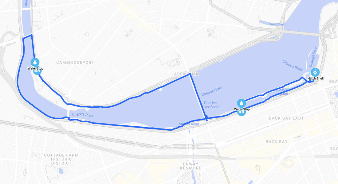 6-mile walk route map around the Charles River