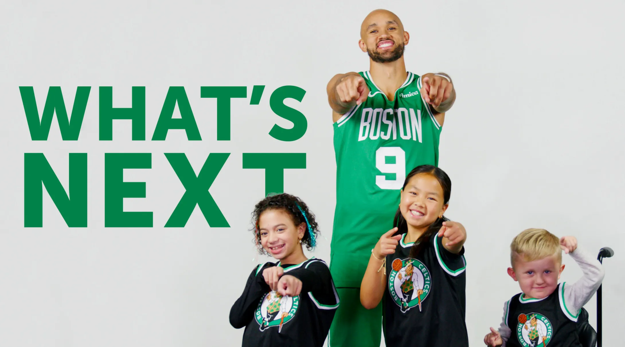 Celtics player with three kids pointing to the screen with "What's next" text on screen