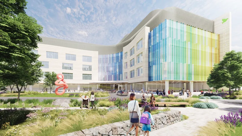 An artist's rendering of the new BCH Mental Health Campus, a colorful and modern-looking building