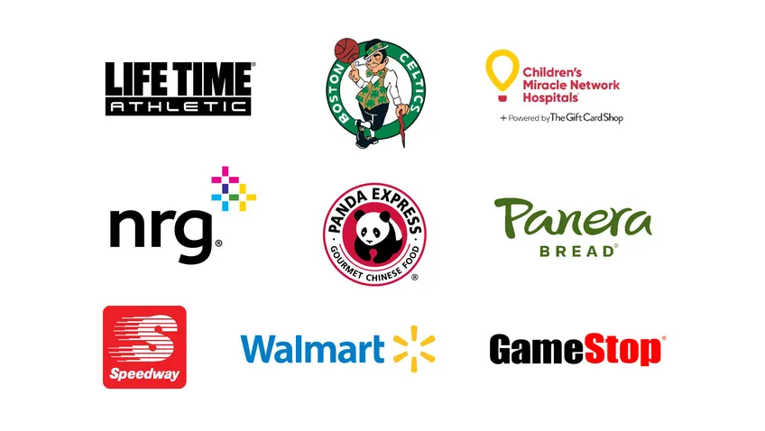 lifetime athletic logo, boston celtics logo, children's miracle network hospitals logo, nrg logo, panda express logo, panera bread logo, speedway logo, walmart logo, gamestop logo