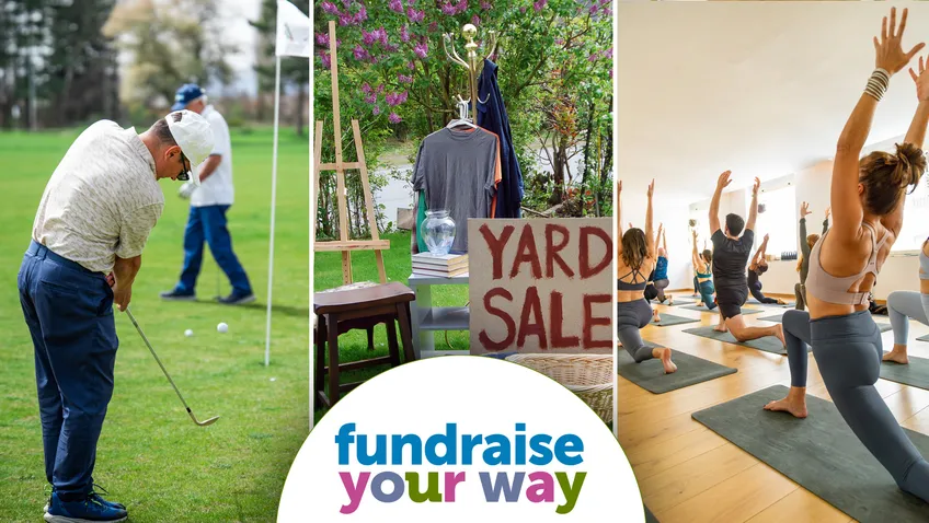 a photo of golfers putting, a yard sale and a group of people practicing yoga with the text fundraiser your way